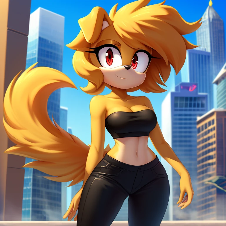 mobian female (golden retriever), ((masterpiece)), cute, attractive, ( wearing a strapless crop top:1.3), (wearing a black pants:1.5), medium breasts, cleavage, (correct proportions), (royal golden body fur:1.5), ( golden belly fur:1.1), (hair (royal golden color)):1.5, medium fluffy hair, (crystal red eyes):1.3, (dog tail):1.2, (dog ears):1.2, (city:1.5)