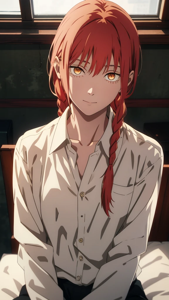 Makima \(Chainsaw Man\),, One girl, only, sit, Redhead, Long braided hair, Golden Eyes,White lace panties, Medium breast, White long sleeve shirt, Perfect collarbone,, (just:1.2), Watching the audience, (interview:1.3), , Upper Body, Best Quality, Glowing Skin, highest quality, High resolution, stomach, bed