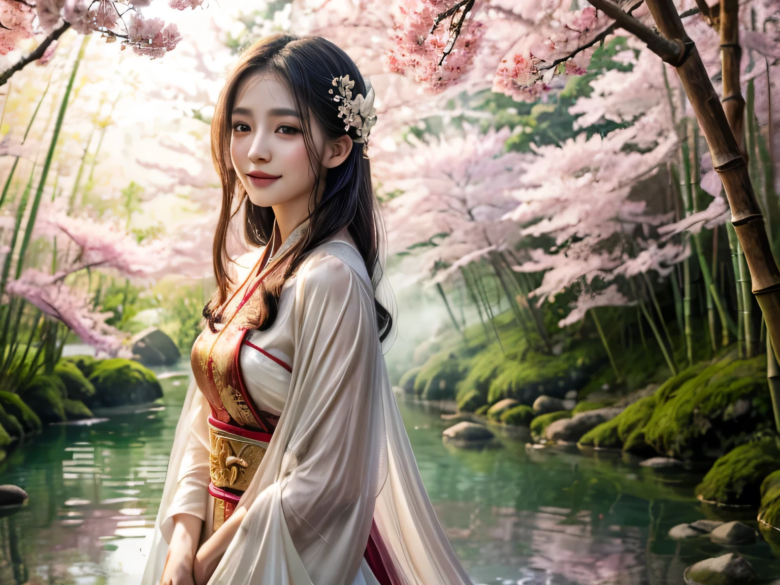 (best quality,4k,8k,highres,masterpiece:1.2),ultra-detailed,(realistic,photorealistic,photo-realistic:1.37), HDR,UHD,studio lighting, 1girl, solo,bamboo forest,traditional Chinese architecture,clean water,crystal clear reflection,floating lotus flowers,serene atmosphere,misty mountains,cherry blossoms in bloom,soft sunlight,subtle shadows,ethereal ambiance,flowing silk Chinese dress,radiant smile,almond-shaped eyes,pale skin,delicate features,graceful posture,wind blowing through her hair,peaceful expression,enchanting scenery.