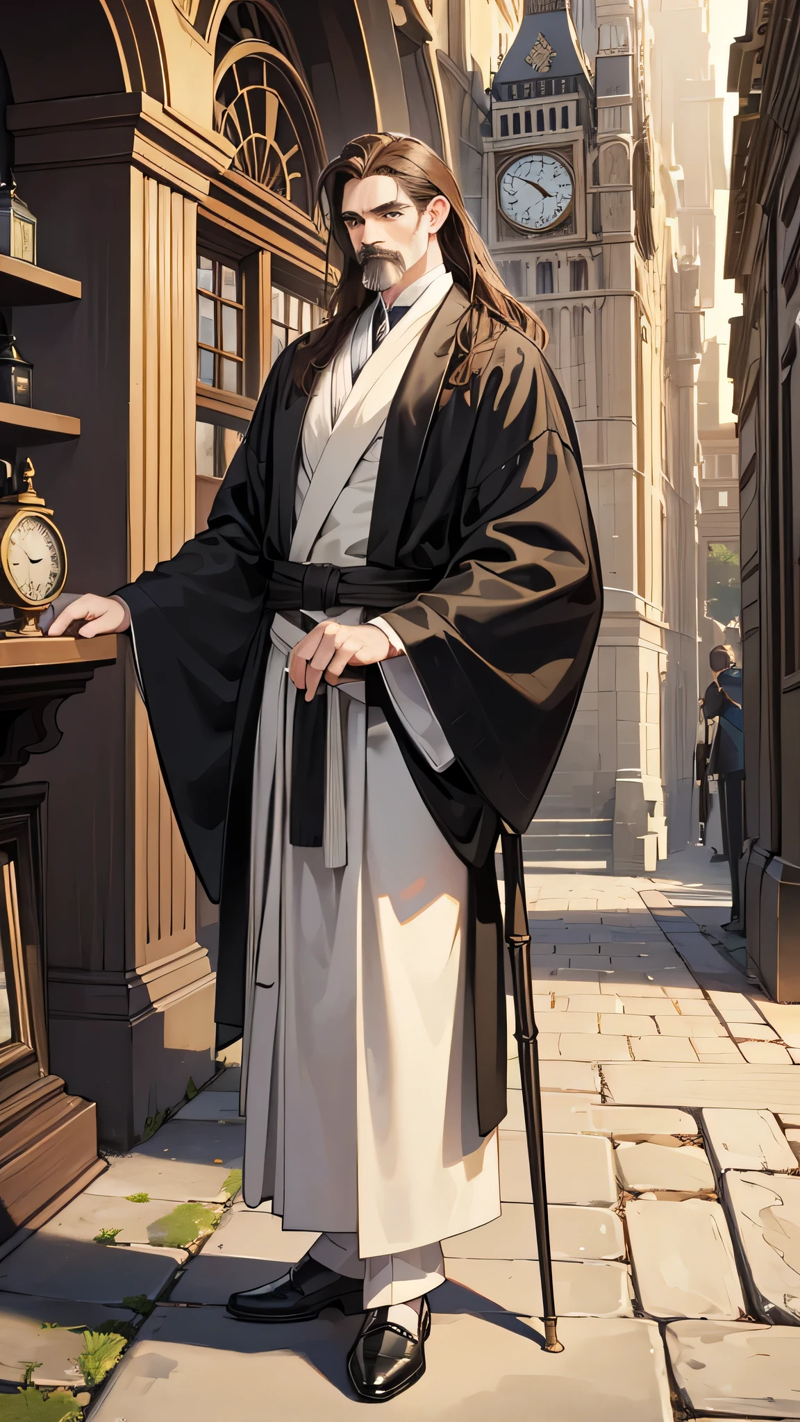 Best detailed, best quality, 8k, middle age man, curved mustache, medium length hair, brown hair, holding cane, white shite, black robe, looking at viewer, standing, clock tower, antiques clock in background. 