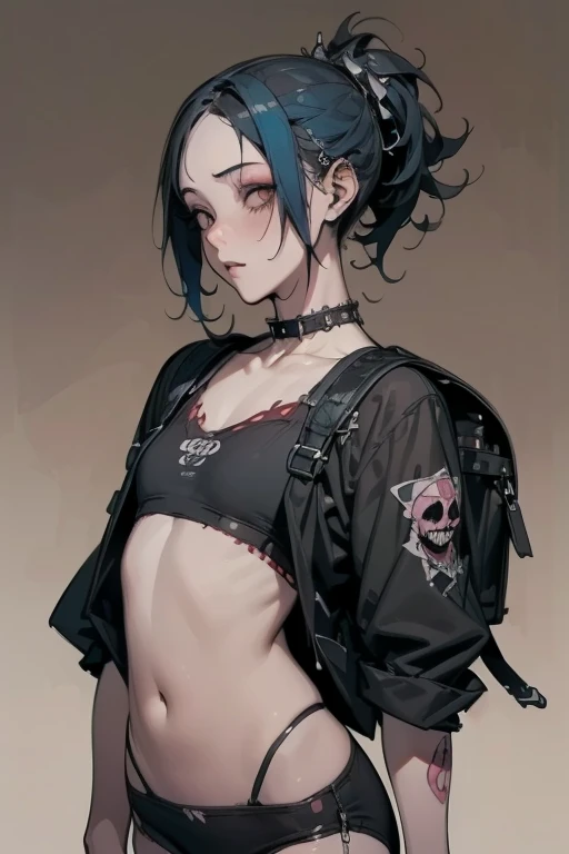 ((18-year-old punk girl,Unusual punk hair:1.3)),((Red and black punk fashion:1.5)),(Skeleton Brooch)Studded clothing、((punk rock patch))、((Black backpack on the back))、(Light black and blue hair:1.5),Wacky makeup、whole body, (masterpiece), (High resolution), (Very delicate), scribble, nightmare, Doll-like face, Manga style, rough sketch, Horror elements, Manga styleイラスト, Japanese painting, phantom, (Spooky), Japan sculpture, crazy illustration, antique, Dark atmosphere, Flat Illustration,Spookyな外観, Distinctive messy hairstyle, creative accessories, Unique atmosphere