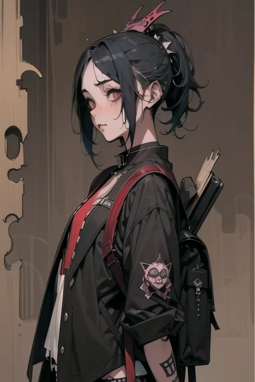 ((18-year-old punk girl,Unusual punk hair:1.3)),((Red and black punk fashion:1.5)),(Skeleton Brooch)Studded clothing、((punk rock patch))、((Black backpack on the back))、（Light black and blue hair:1.5）,Wacky makeup、whole body, (masterpiece), (High resolution), (Very delicate), scribble, nightmare, Doll-like face, Manga style, rough sketch, Horror elements, Manga styleイラスト, Japanese painting, phantom, (Spooky), Japan sculpture, crazy illustration, antique, Dark atmosphere, Flat Illustration,Spookyな外観, Distinctive messy hairstyle, creative accessories, Unique atmosphere
