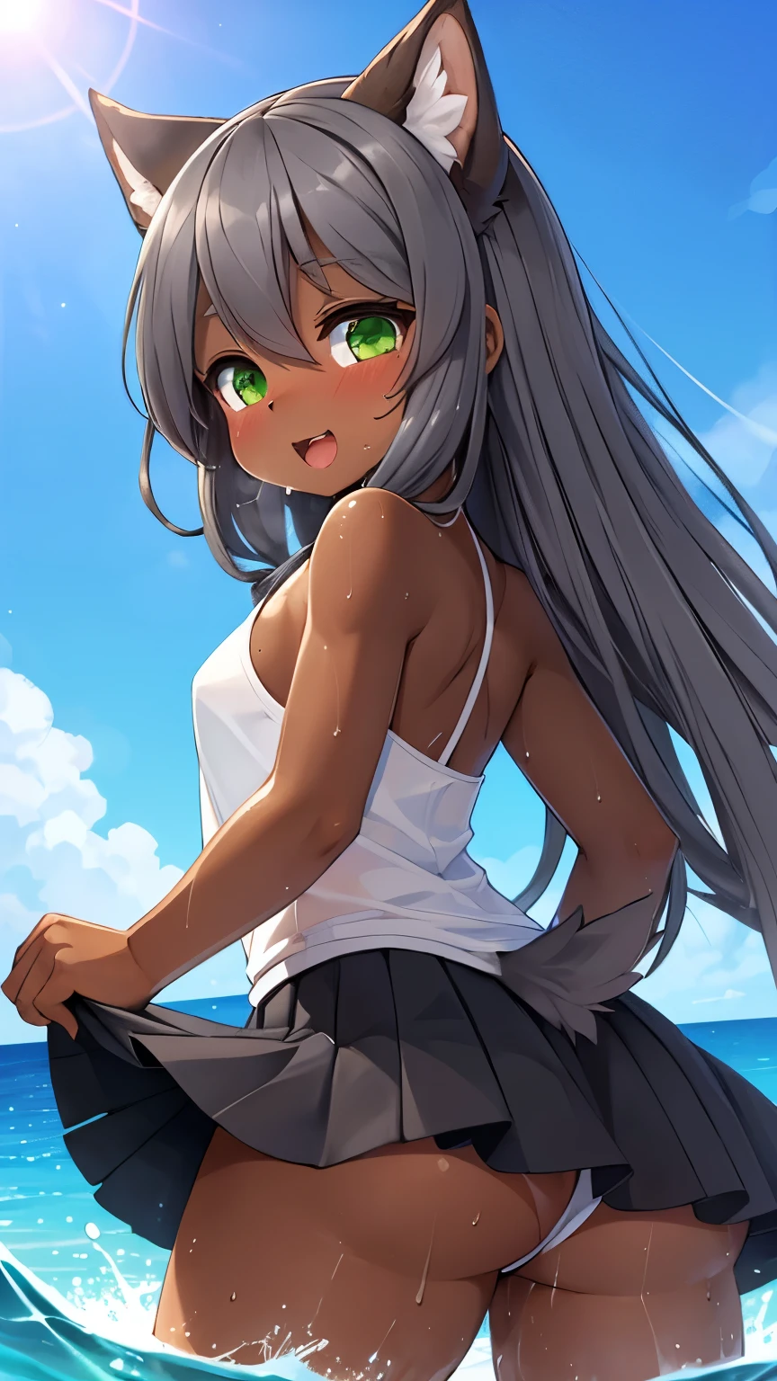 best quality,best resolution,(fluffy anthro furry :1.3),(young :1.6),cat girl,long hair,(dark grey hair :1.6),green eyes,sparkle eyes,glistering eyes,glowing eyes,(brown skin :1.6),white camisole,black skirt,legs in water,beach,sunbeam,shiny skin,sweating,soak body,sweating sexy girl,looking back,full face blush,shy face,smile,heavy breath,very hot,low angle,open mouth,back view