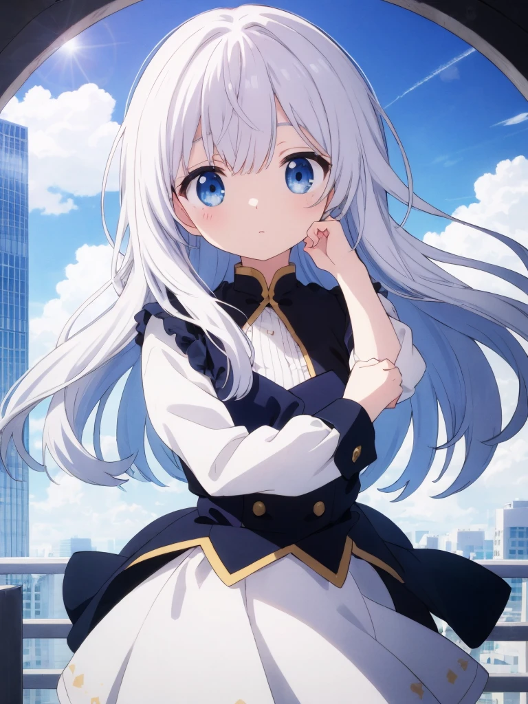 absurderes, hight resolution, (Anime style:1.1), ((masutepiece)), ((Best Quality)), (Ultra-detailed), (Beautiful), solo, Beautiful face、(liftup)、Cute  looking at the view from the top of a skyscraper that is closer to the atmosphere,Wind,Thin White colorful long hair,, Blue Eyes,Lens Flare,Dramatic,Detailed Ancient City、Skirt fluttering in the wind、Clouds below looking down、(Don't look here:1.4)