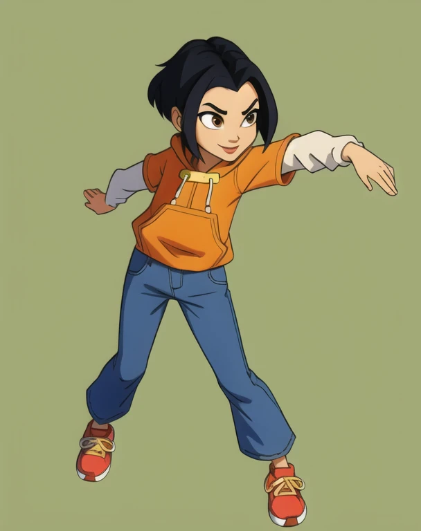 jadechan,short black hair,brown eyes,upper body, skinny, skinny legs, skinny hands, skinny neck, short stature,
orange short sleeved hoodie,white long sleeves,hood down,sneakers,blue pants,or jeans,hands in pockets,1girl,solo, flat torso,cartoon Hong Kong,morning,(insanely detailed, beautiful detailed face, masterpiece, best quality) solo, smiling,charming posing, full body view,