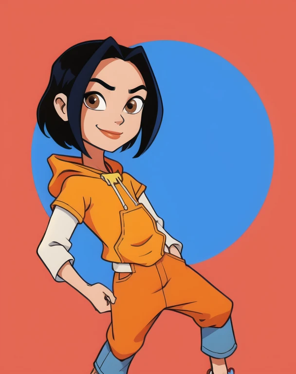 jadechan,short black hair,brown eyes,upper body, skinny, skinny legs, skinny hands, skinny neck, short stature,
orange short sleeved hoodie,white long sleeves,hood down,sneakers,blue pants,or jeans,hands in pockets,1girl,solo, flat torso,cartoon Hong Kong,morning,(insanely detailed, beautiful detailed face, masterpiece, best quality) solo, smiling,charming posing, full body view,