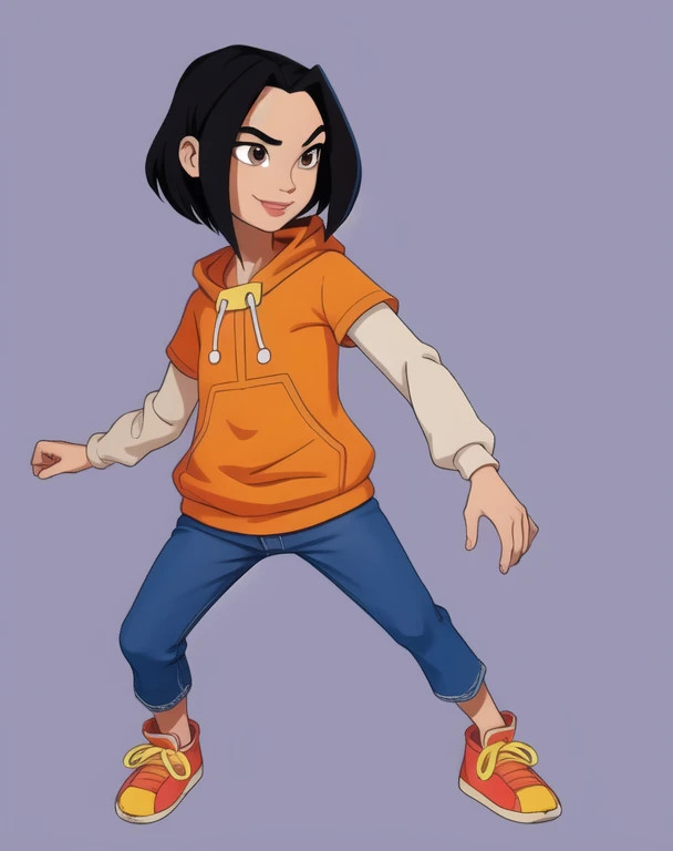 jadechan,short black hair,brown eyes,upper body, skinny, skinny legs, skinny hands, skinny neck, short stature,
orange short sleeved hoodie,white long sleeves,hood down,sneakers,blue pants,or jeans,hands in pockets,1girl,solo, flat torso,cartoon Hong Kong,morning,(insanely detailed, beautiful detailed face, masterpiece, best quality) solo, smiling,charming posing, full body view,  