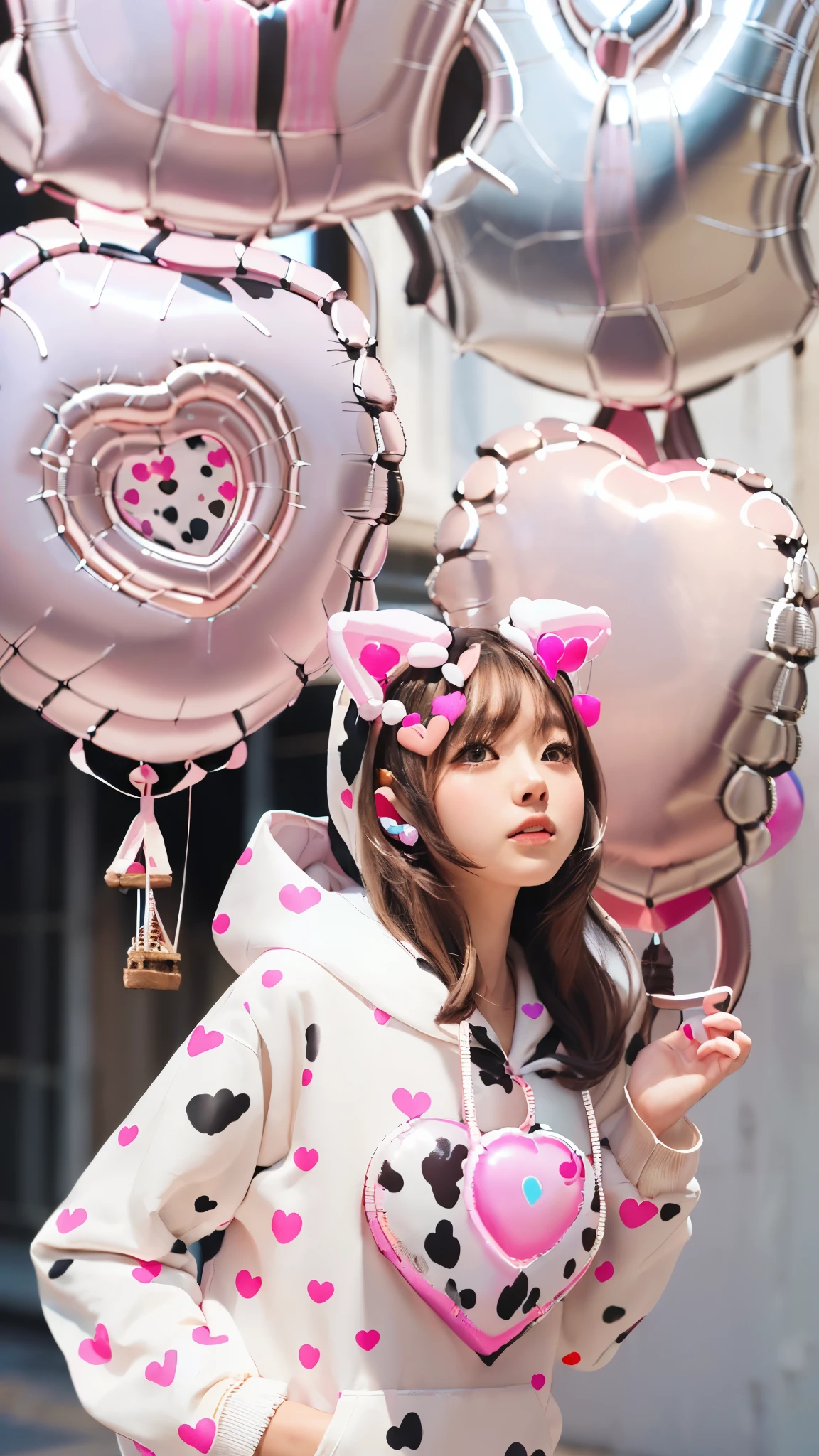 Masterpiece, 4K, bokeh, 55mm, F=1.2, Beautiful girl, (Japanese idle:1.6), (Cat ears:1.5), Light brown eyes, soft hair, (Pink and brack and white cow pattern hoodie:1.4), Looking at the viewer, Closeup, (many Big Heart-shaped balloons:1.8), from below,