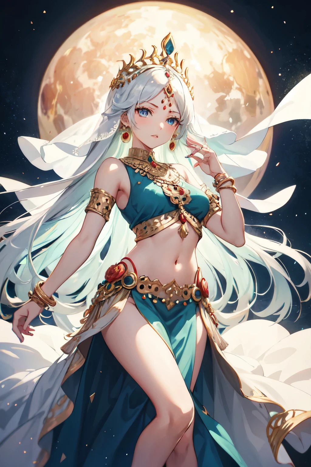Anime girl with long white hair and dark blue eyes wearing a flowy dress that follows her movements with bangles and bracelets on her wrist and a maang tikka and jhoomar on her head with a veil and bright decorations