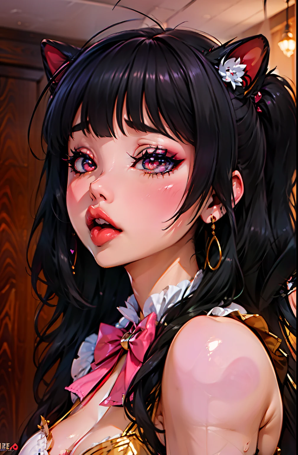 1 chica, pelo negro y flequillo, pelo largo, labios grandes, ojos rosados, Heart-shaped pupils., de cerca, escote, bow tie, cardigan, Collar delicado, pendientes, pechos enormes, ahegao, lengua fuera, ojos en blanco, rubor, nose rubor, fondo degradado, brilla, animado, Seductor, intimate, disparo a la cabeza, retrato