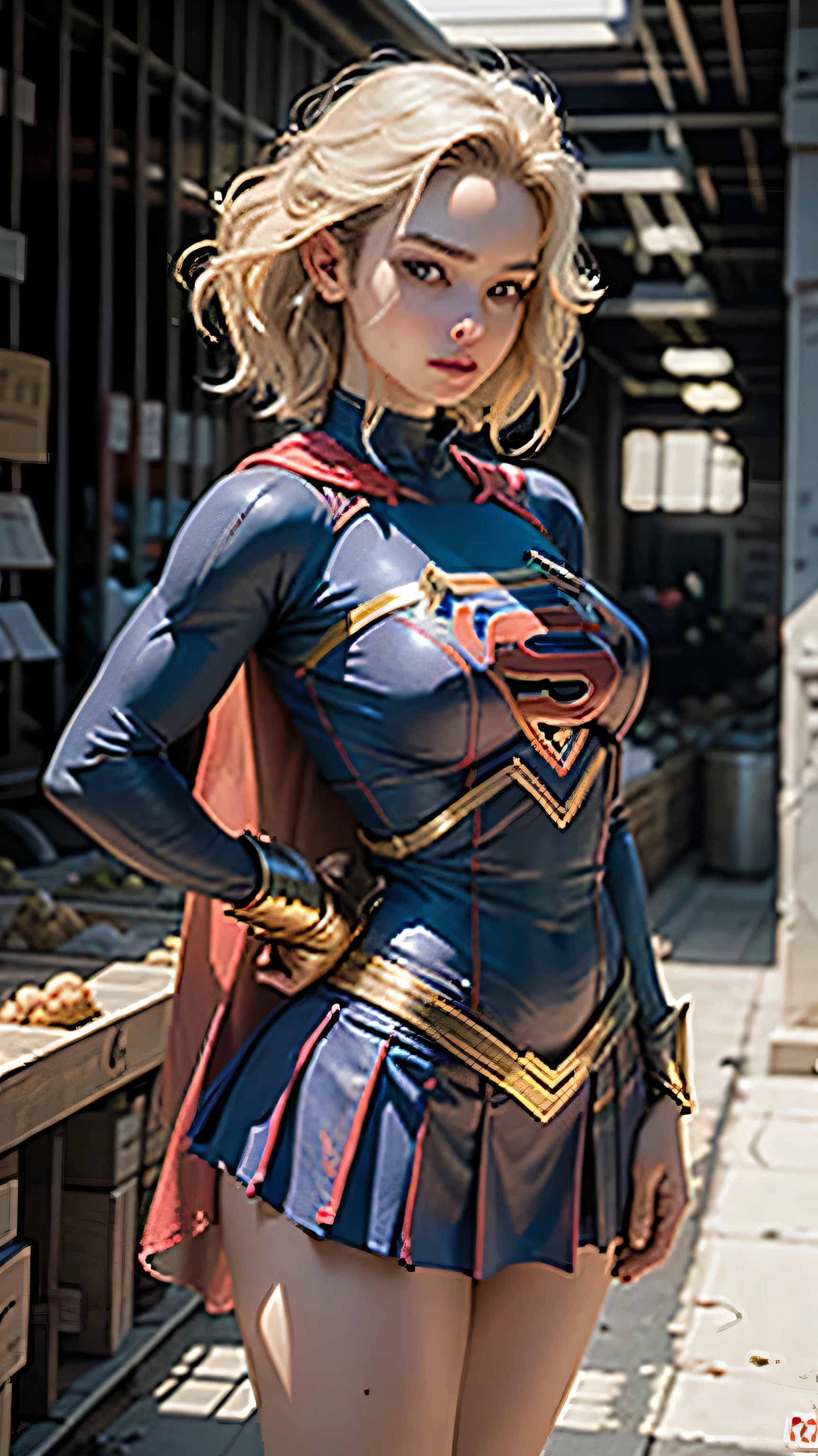Mulher bonita, cabelo curto, corpo definido, seios grandes, coxas grandes usando um cosplay de Supergirl