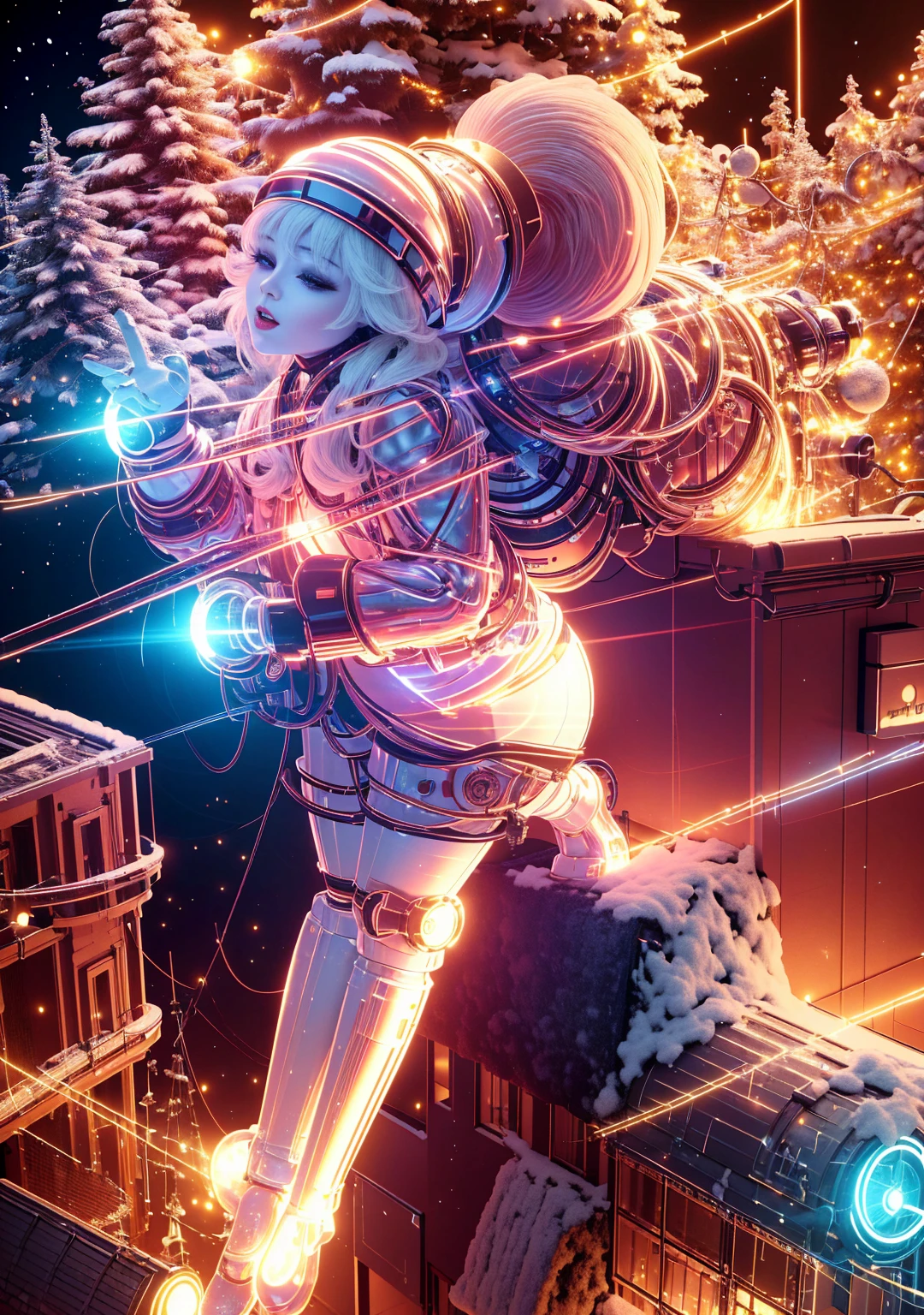 1 Glowing Christmas Mechanical Girl，Futuristic girl，Mechanical Union Christmas City Background，model shoot style, (extremely detaild的 CG unified 8k wallpapers), The beauty of abstract style,，hyper realisitc, 8K, super detailing, Best quality, Award-Awarded, Anatomically correct, 16k, super detailing