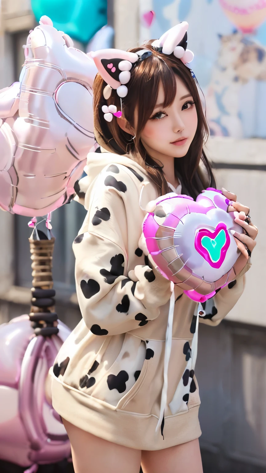 Masterpiece, 4K, bokeh, 55mm, F=1.2, Beautiful girl, (Japanese idle:1.6), (Cat ears:1.5), Light brown eyes, soft hair, (Pink and brack and white cow pattern hoodie:1.4),  Looking at the viewer, Closeup, (many Big Heart-shaped balloons:1.8), from below,