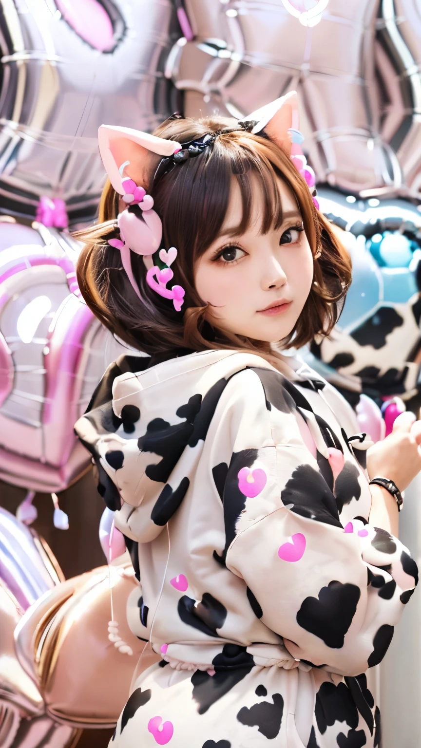 Masterpiece, 4K, bokeh, 55mm, F=1.2, Beautiful girl, (Japanese idle:1.6), (Cat ears:1.5), Light brown eyes, soft hair, (Pink and brack and white cow pattern hoodie:1.4),  Looking at the viewer, Closeup, (many Big Heart-shaped balloons:1.8), from below,