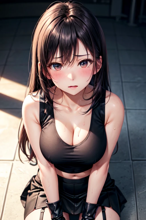 beautiful girl Best Style Fight the enemy Shyness Sweat Black Leather Gloves Combat Uniform Big Breasts Light clothing Martial Arts Thin skirt White Tank Top black garter belt Dirty face and clothes White liquid all over the body Black bra underneath a white tank top humiliation Obscene expression Tsundere Pretty see-through The skirt is also transparent Surrounded by men Men get erections under their pants Looking up An expression that invites a man