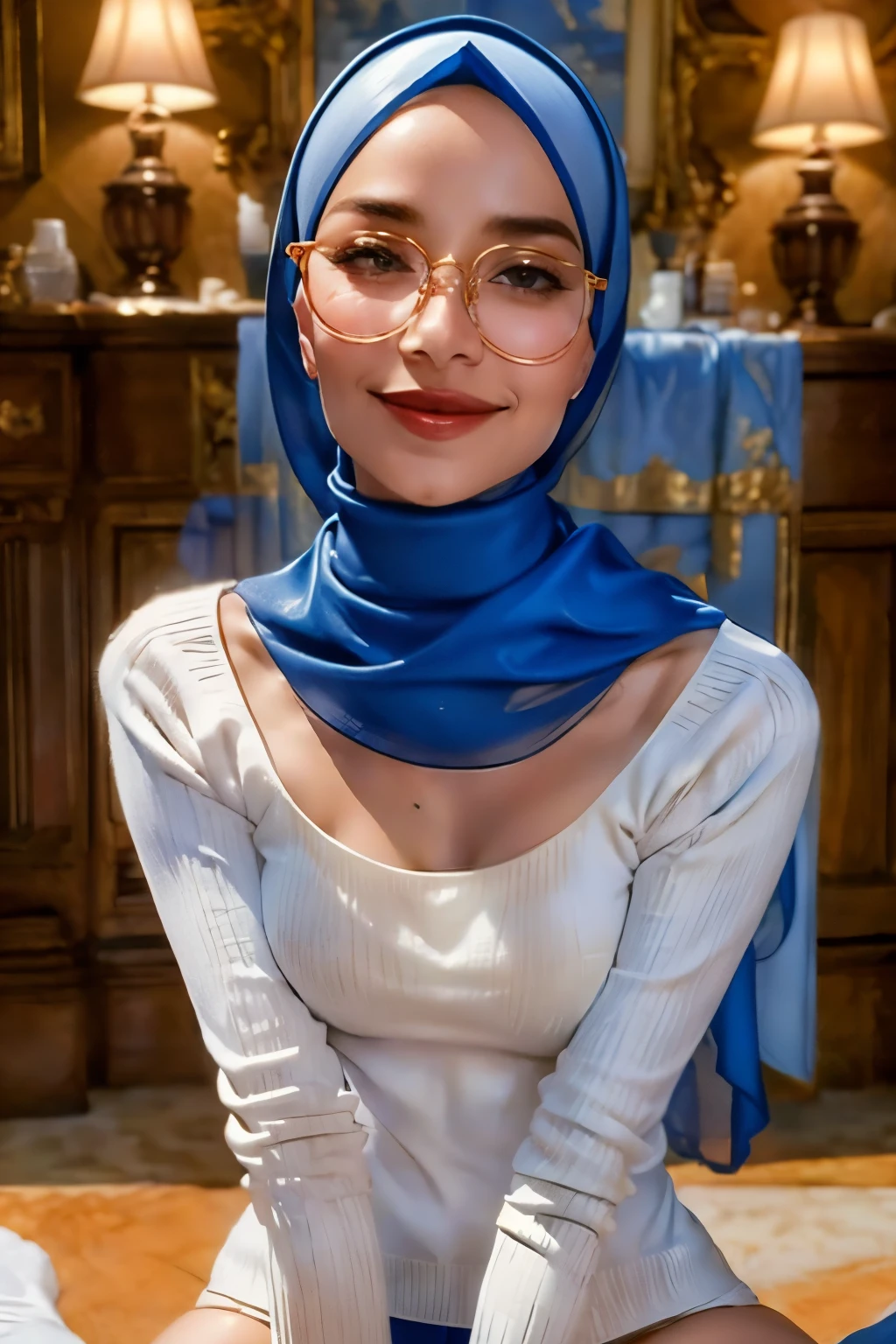 masterpiece, best quality, ultra-detailed, beautiful lighting, Slim and slender woman wearing round glasses, undressing high stockings, (white scoop neck sweater:1.3), wearing (blue satin hijab), kneeling on a table, crotch slightly open, cameltoes, in hotel room, beautiful design, slight blush, (naughty smile:1,1), (glossy separated lips:1.1), (beautiful eyes:1.1), horny men in the background, mouth open, nipples poking, choker, pubic hair revealing 