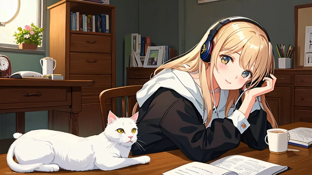 ((highest quality)), ((masterpiece)), (detailed), Beautiful girl studying with headphones in her room、Warm lighting、A white cat and a black cat are sleeping、Japanese anime style
