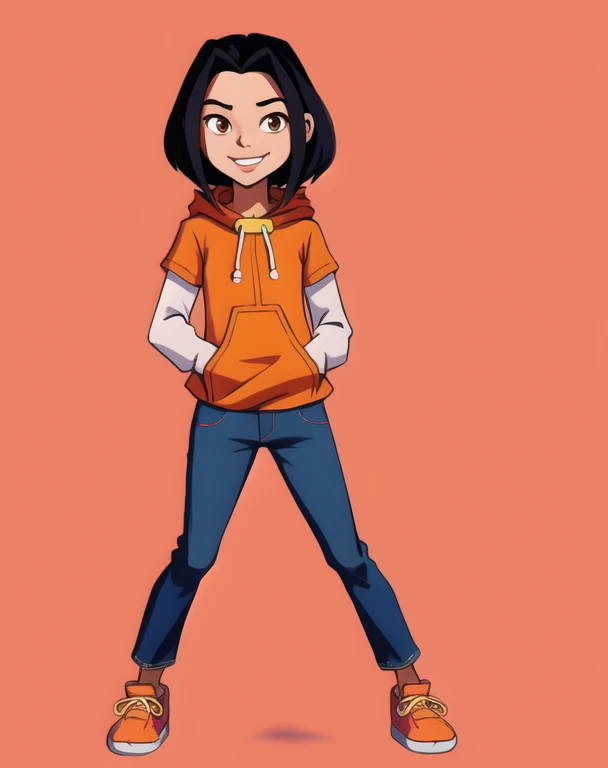 jadechan,short black hair,brown eyes,upper body, skinny, skinny legs, skinny hands, skinny neck, short stature, in school playground,
orange short sleeved hoodie,white long sleeves,hood down,sneakers,blue pants,or jeans,hands in pockets,1girl,solo, flat torso, solo, smiling,charming posing, full body view,