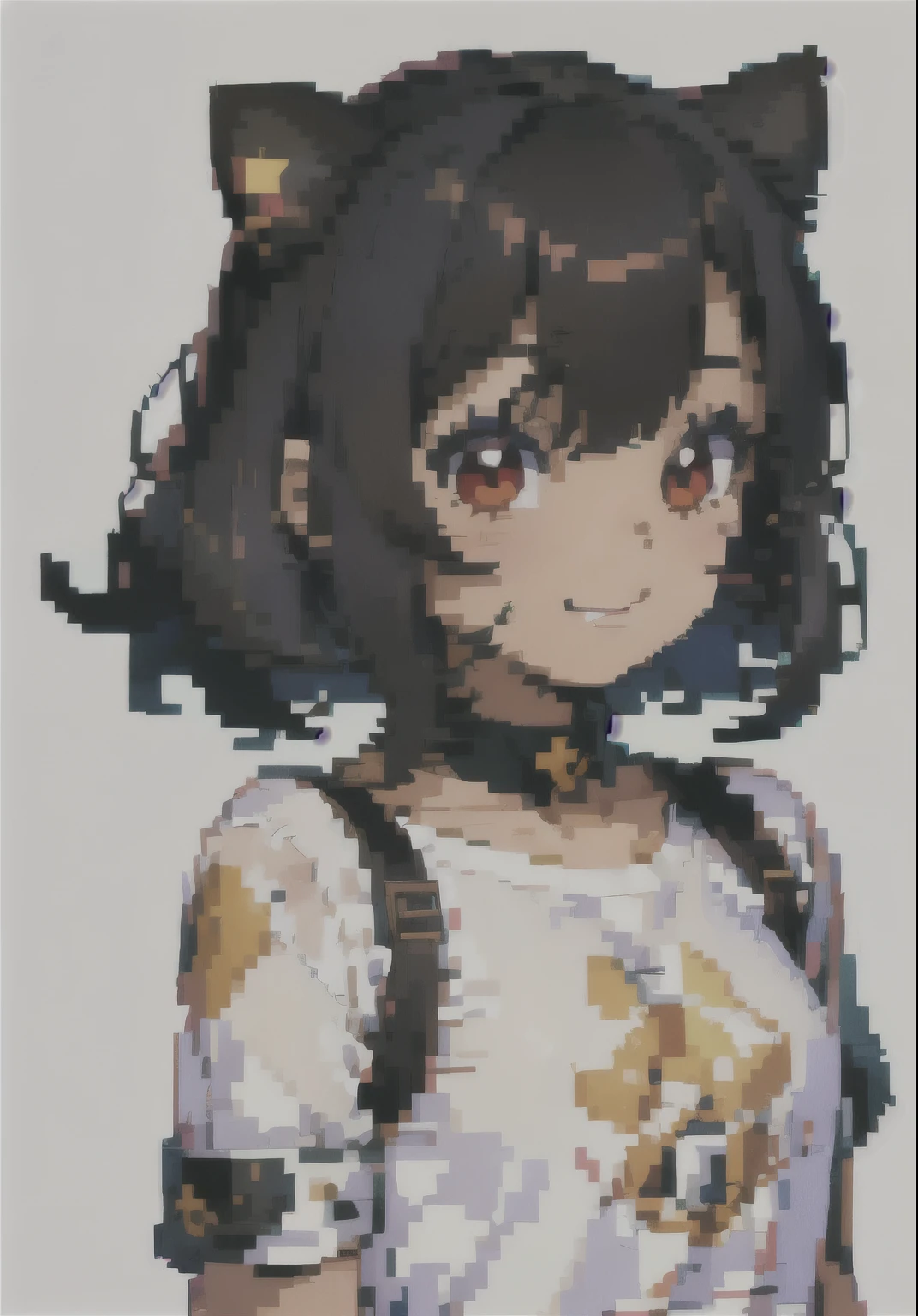 pixai, mujer,sonrisa, Ojos cerrados, Pelo negro, corte bob, adorno para el pelo orejas de gato, chaqueta corta, Brillantina, 
cuerpo completo, pixel