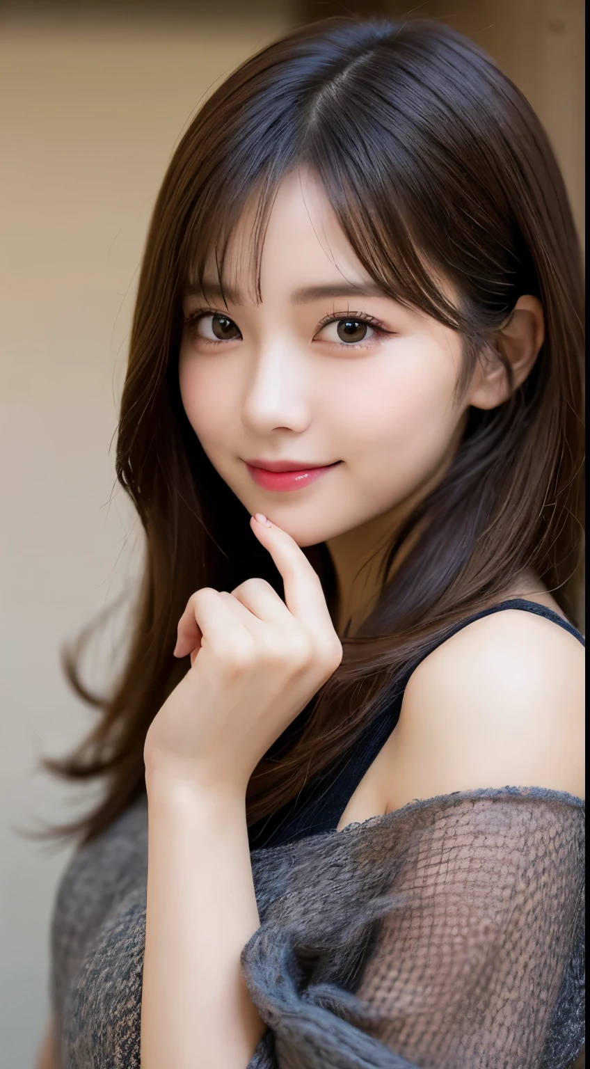 Tabletop, highest quality, shape, Very detailed, finely, High resolution, 8k wallpaper, 完璧なダイナミックな構shape, Beautiful and detailed,ランダムなcute髪,,Natural color lip, Bold sexy pose,smile、20-year-old girl、cute、Looking at the camera,Always blur the background,Perfect and beautiful face,Slim face and figure,Big eyes、Putting on gal makeup,Small face,Shooting from below、smile,Blurred Background,Elegant feminine face、Cyberpunk Fashion、Smile