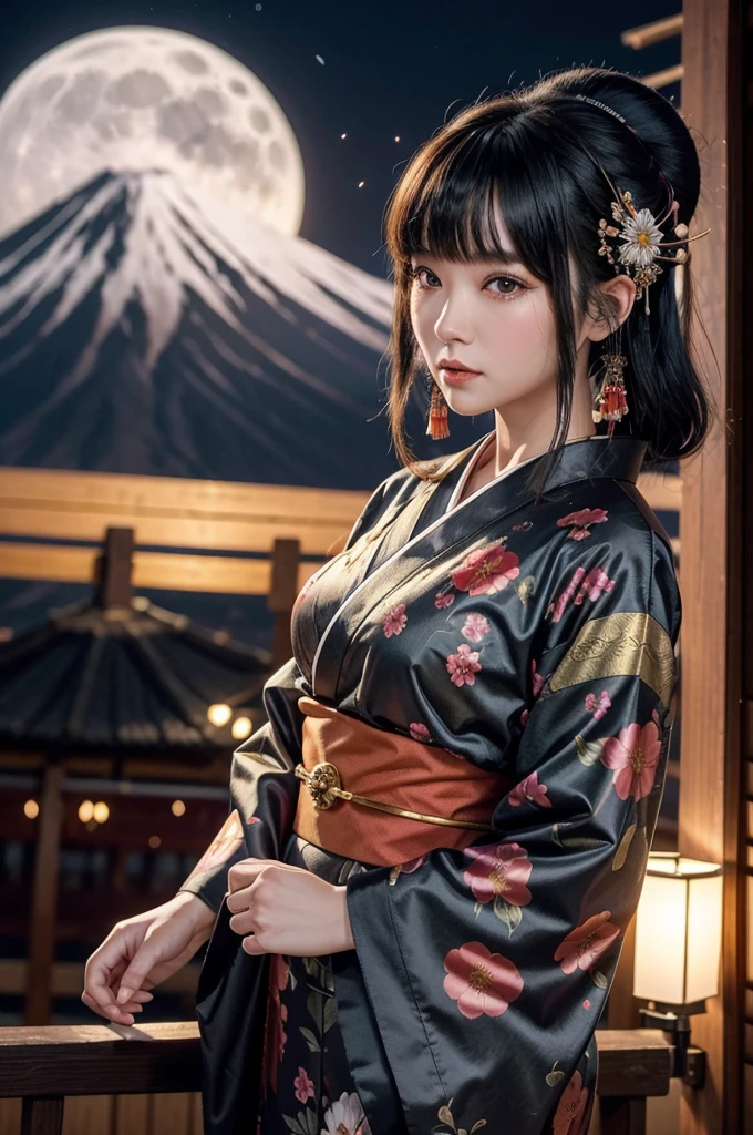 geisha with bangs, black hair, floral kimono, holding Buddha beads, walking with red fox on the side, mount fuji background, night time, red full moon,