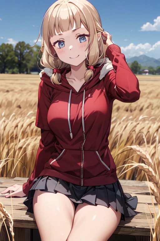 masterpiece,1girl, sparrow, a blonde haired girl, wearing a white medieval european villager clothes, curly medium hair, messy hair, red skirt, short red capelet with furry hoody, slim body, medium breasts, she close her left eye, shirt ornament, ppai, hair ribbon, seductive smile, beautiful breasts, rounded breasts, crimson eyes, pleated skirt, plaid skirt, she is the red hood girl, she sit in the wheat field, pointy ears