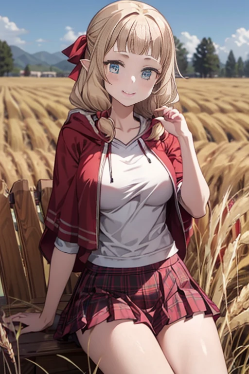 masterpiece,1girl, sparrow, a blonde haired girl, wearing a white medieval european villager clothes, curly medium hair, messy hair, red skirt, short red capelet with furry hoody, slim body, medium breasts, she close her left eye, shirt ornament, lolippai, hair ribbon, seductive smile, beautiful breasts, rounded breasts, crimson eyes, pleated skirt, plaid skirt, she is the red hood girl, she sit in the wheat field, pointy ears