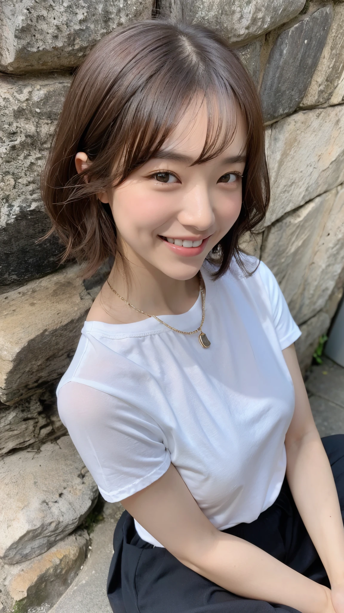 (highest quality、8k、32k、masterpiece、Hmph:1.2)、(((Brown short bob)))、((smile))、(((I'm showing my teeth and smiling,)))、Cute Japanese Women Photos、Soft looking breasts、No bra、Ample breasts、Face Focus、White T-shirt、necklace、A single carnation、From above、Looking at the audience、Dynamic Shadows、blonde、Wet shiny hair、Shine, Watery eye、
