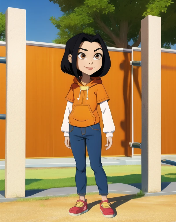 jadechan,short black hair,brown eyes,upper body, skinny, skinny legs, skinny hands, skinny neck, short stature, chibi Body, in school playground,  
orange short sleeved hoodie,white long sleeves,hood down,sneakers,blue pants,or jeans,hands in pockets,1girl,solo, flat torso, solo, smiling,charming posing, full body view,  