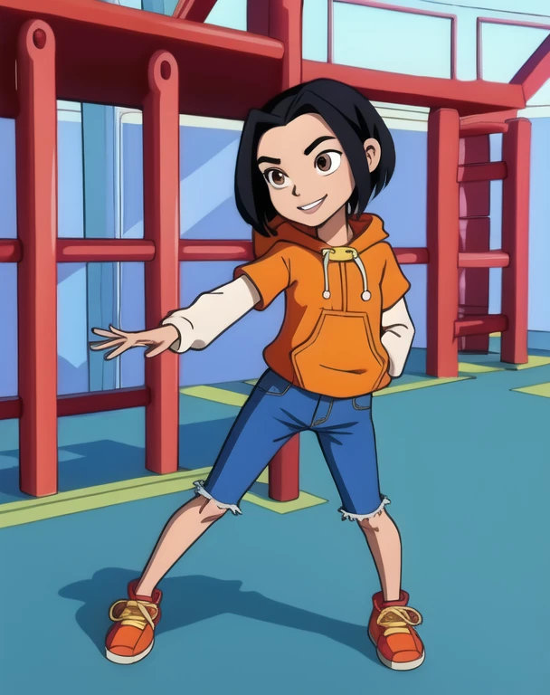 jadechan,short black hair,brown eyes,upper body, skinny, skinny legs, skinny hands, skinny neck, short stature, chibi Body, in school playground,  
orange short sleeved hoodie,white long sleeves,hood down,sneakers,blue pants,or jeans,hands in pockets,1girl,solo, flat torso, solo, smiling,charming posing, full body view,  