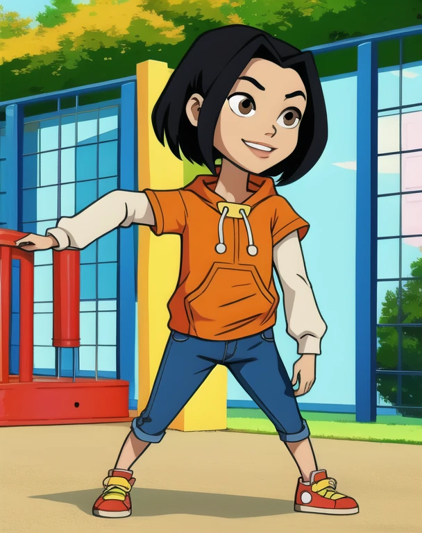 jadechan,short black hair,brown eyes,upper body, skinny, skinny legs, skinny hands, skinny neck, short stature, chibi Body, in school playground,
orange short sleeved hoodie,white long sleeves,hood down,sneakers,blue pants,or jeans,hands in pockets,1girl,solo, flat torso, solo, smiling,charming posing, full body view,