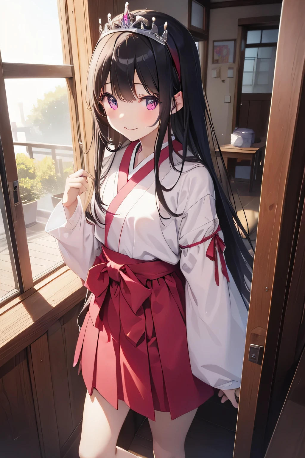 highest quality、Highest quality、Beautiful eyes、Very delicate and beautiful、Beautiful eyes、Pink Eyes、Soio、Soio、11-year-old girl、Japanese、、Chiquita、Noble、Primary school students、Black Hair、barefoot、（Red High leg leotard swimsuit）、（Red headband）、（High leg）、Tiara on head、smile、Standing, facing forward、The background is the changing room