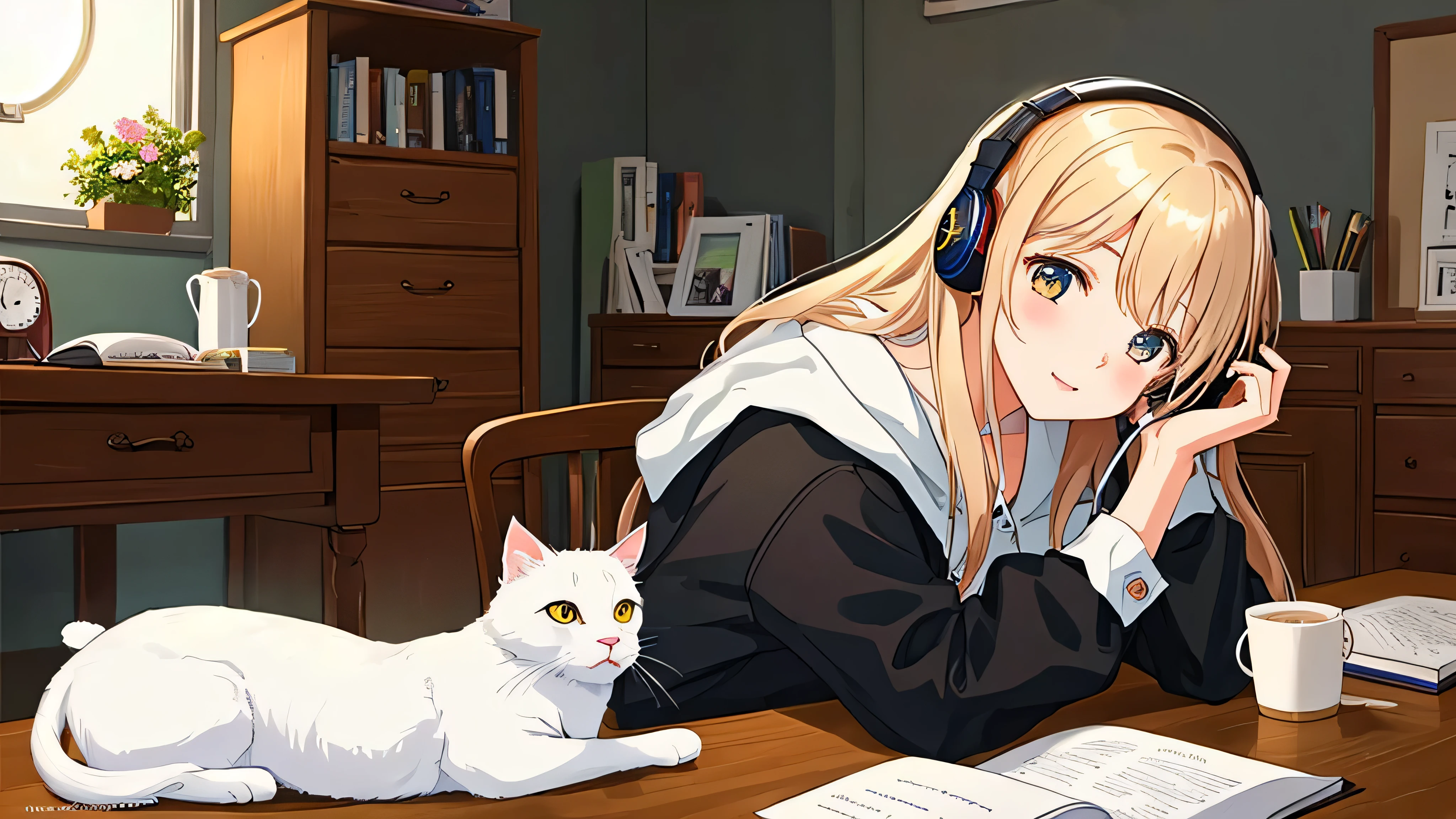 ((highest quality)), ((masterpiece)), (detailed), Beautiful girl studying with headphones in her room、Warm lighting、A white cat and a black cat are sleeping、Japanese anime style