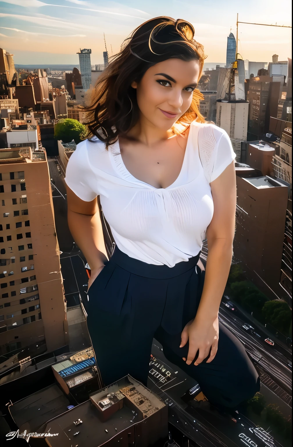 (best quality,4k,8k,highres,masterpiece:1.2),ultra-detailed,(realistic,photorealistic,photo-realistic:1.37),portrait,Colombian lady,Ella Parnell lookalike,burgundy curly hair,sexy work clothes,cement mixer truck,New York City,professional,street scene,colorful,HDR,studio lighting,sharp focus,vivid colors,lively atmosphere,lots of details,urban setting,modern cityscape,daytime,energetic,confident expression,posing confidently,city hustle and bustle,sophisticated,stylish,dynamic perspective,glowing lights,crisp shadows,striking composition,compositionally balanced,business district,elegant,city lifestyle,urban exploration