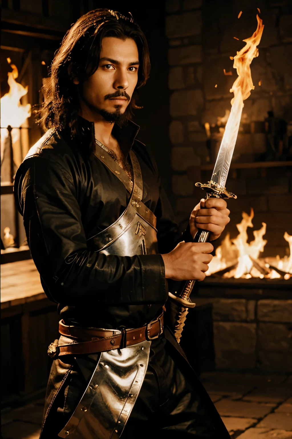 Swordsman with a goatee and a flaming sword