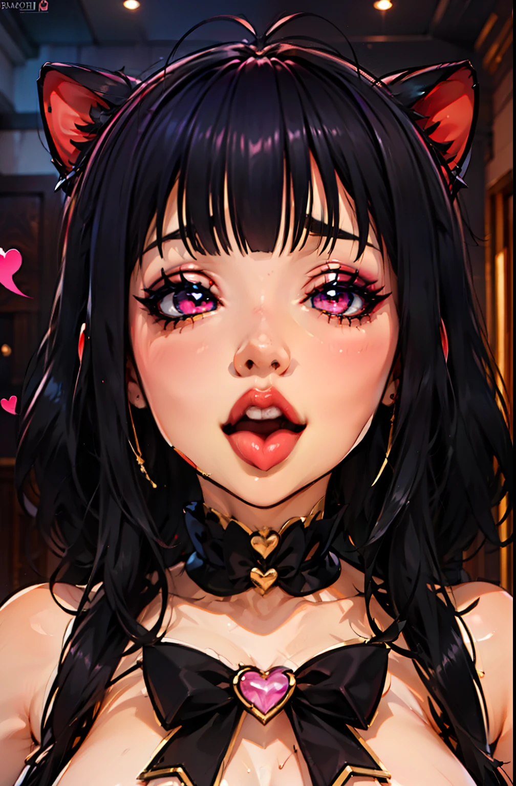 1 chica, pelo negro y flequillo, pelo largo, labios grandes, ojos rosados, Heart-shaped pupils., de cerca, escote, bow tie, cardigan, Collar delicado, pendientes, pechos enormes, ahegao, lengua fuera, ojos en blanco, rubor, nose rubor, fondo degradado, brilla, animado, Seductor, intimate, disparo a la cabeza, retrato
