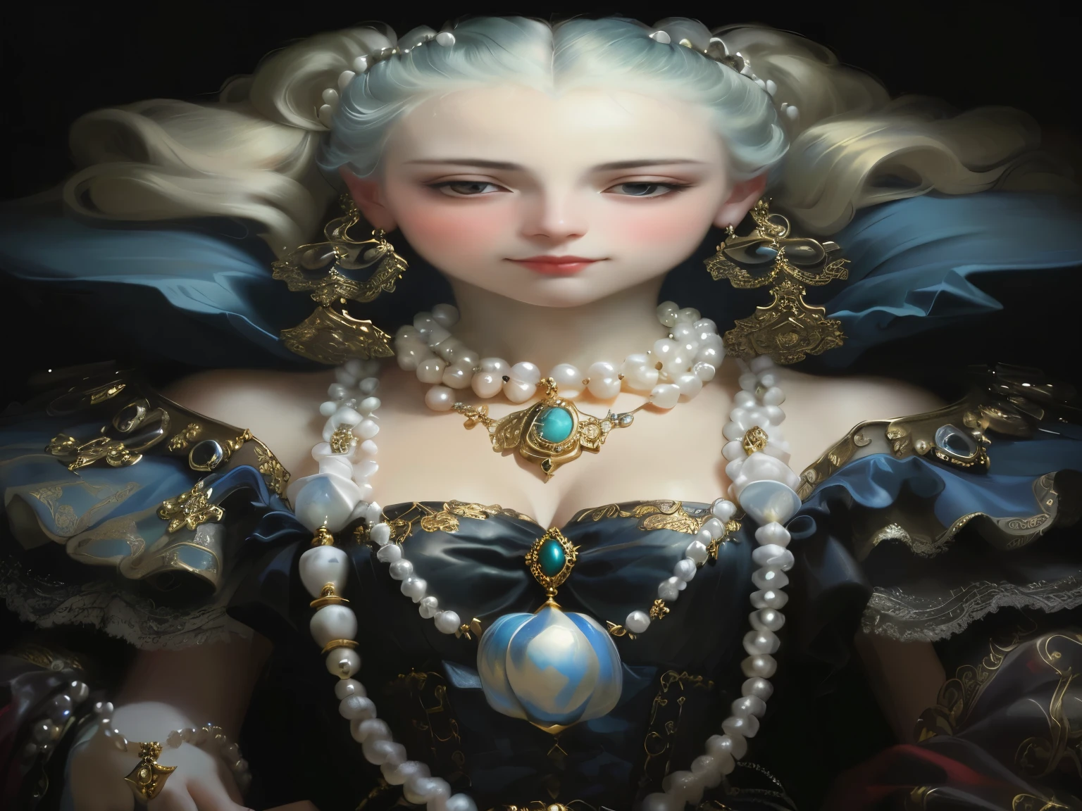 a painting of a woman with perles and a necklace, baroque digital painting, reine rococo, Bijoux d&#39;art baroque, Art sombre baroque, Portrait Rococo, portrait de style rococo, James Jean et Wlop, girl with a pearl earring, Natalie Shau Tom Bagshaw, perles, Art Rococo, # rococo, inspiré par Mathieu Le Nain
