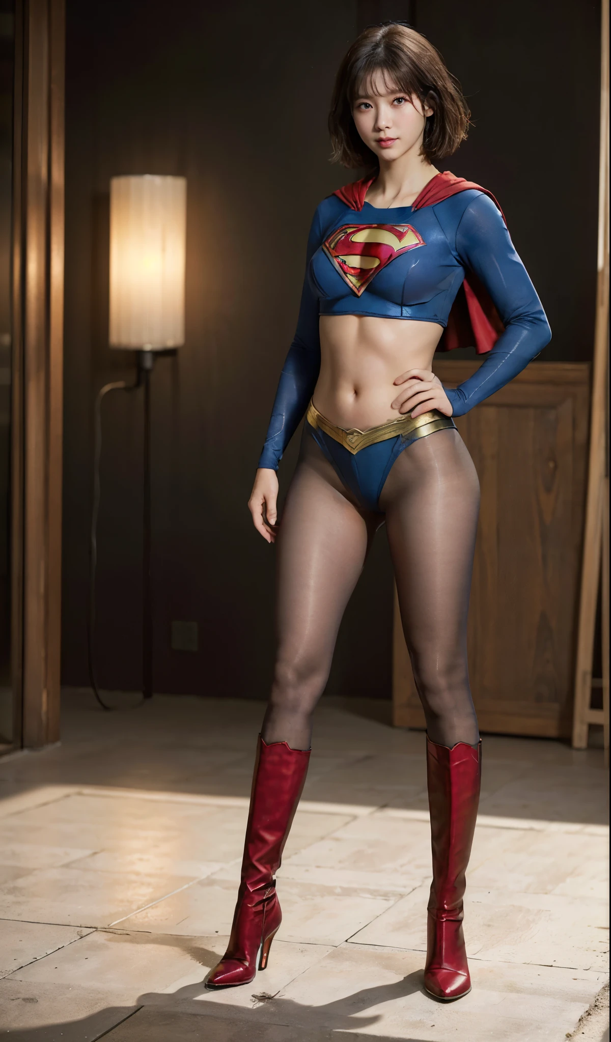 No background、(((Beautiful legs in black tights.)))、(((Legally express the beauty of your smile)))、((((Make the most of your original images)))、(((Supergirl Costume)))、(((Beautiful very short hair)))、(((suffering)))、(((Please wear black tights....、Wear red boots)))、((Best image quality、8k))、((highest quality、8k、masterpiece:1.3))、(((Preserve background )))、Sharp focus:1.2、Beautiful woman with perfect figure:1.4、Slim Abs:1.2、Wet body:1.5、Highly detailed face and skin texture、8k