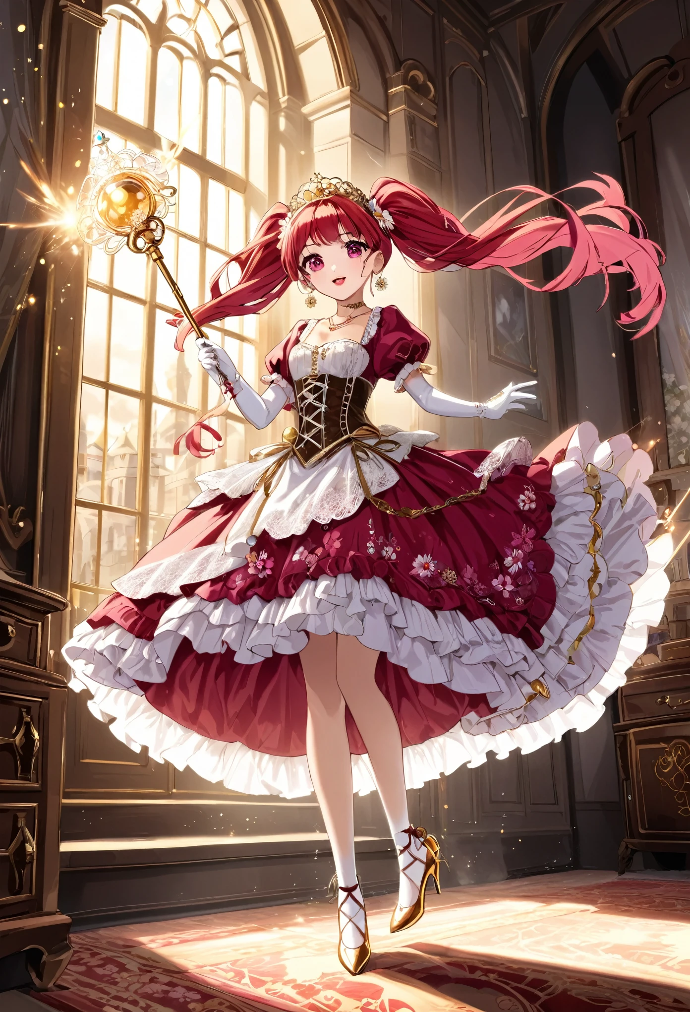 (best quality,4k,8k,highres,masterpiece:1.2),ultra-detailed, Pretty 15 years old princess, drawn in anime style, is cute and happy, long red pigtails hair, pink eyes, small breast, makeup and lipstick, steampunk, red and white ball gown with puffy sleeves, physically-based rendering,gorgeous frilly dress design,flowing gown,elaborate lace details,rich textures,contrast stitching,delicate ribbon bows,floral accents, daisy flowers embroidery, full skirt,short sleeves,fitted waistline,flared cuffs,lace-up back,luxurious fabrics,flawless silhouette, petticoat, bloomers, bustle, corset, hair ribbons, white elbow gloves, ruby earrings and necklace, gold tiara, high heels, wielding a fire magic wand, standing in castle bedroom, highly detailed, 4K.