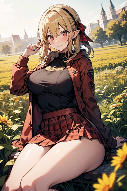 masterpiece,1girl, sparrow, a blonde haired girl, wearing a white medieval european villager clothes, curly medium hair, messy hair, red skirt, short red capelet with furry hoody, slim body, medium breasts, she close her left eye, shirt ornament, lolippai, hair ribbon, seductive smile, beautiful breasts, rounded breasts, crimson eyes, pleated skirt, plaid skirt, she is the red hood girl, she sit in the wheat field, pointy ears