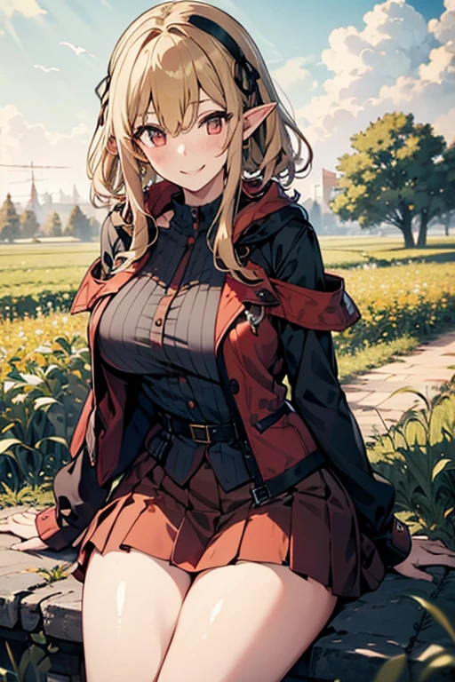 masterpiece,1girl, sparrow, a blonde haired girl, wearing a white medieval european villager clothes, curly medium hair, messy hair, red skirt, short red capelet with furry hoody, slim body, medium breasts, she close her left eye, shirt ornament, lolippai, hair ribbon, seductive smile, beautiful breasts, rounded breasts, crimson eyes, pleated skirt, plaid skirt, she is the red hood girl, she sit in the wheat field, pointy ears