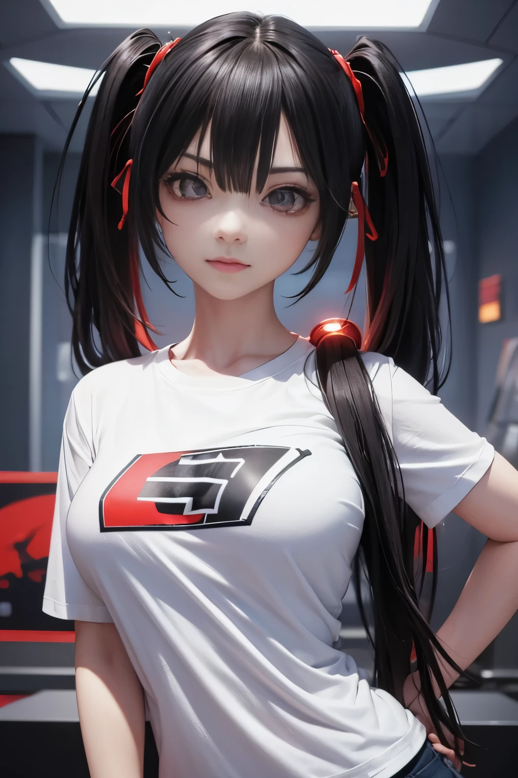 Optimal，masterpiece，High resolution，highest quality，Hyper HD，Very detailed，Award-winning，16k，alone，（Upper Body），Correct Anatomy，Beautiful Cyberpunk Girl，Upper Bodyの写真、Cute face，，Black Hair、Long Hair、Twin tails、Hairline，（（Scarlet Eyes）），Long eyelashes，Drooping eyelids，White skin，((Shoot from the front:1.5)), ((Tight T-shirt:1.5)), ((Clock Top:1.5))、rocket , (Large Breasts),