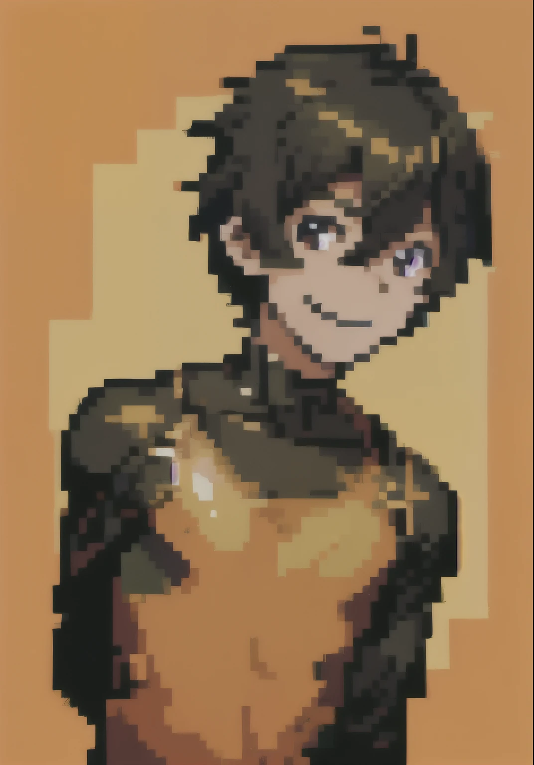 pixai, hombre,sonrisa, Ojos cerrados, Pelo negro, corte largo, adorno para el pelo, chaqueta corta, Brillantina,
cuerpo completo, pixel