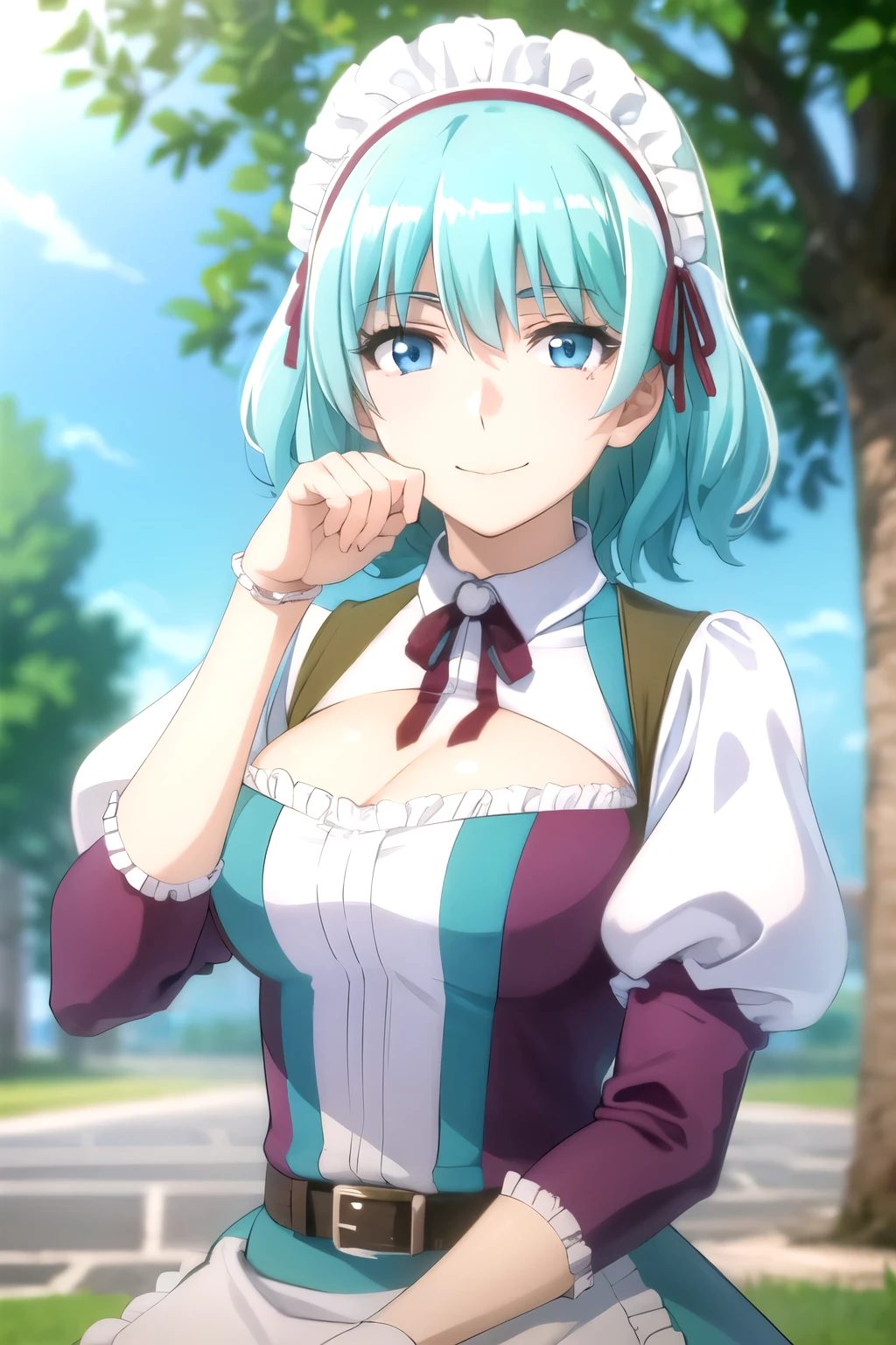 photorealistic, (4k), (upper body), depth of field, (Masterpiece), (realistic skin texture), highly detailed, intricate, highly detailed, (upper body), professional photography, cover-up, bokeh, high resolution, sharp details, best quality, girl, aqua hair, medium hair, blue eyes, white shirt, maid headdress, frills, apron, in the garden, sitting, smile