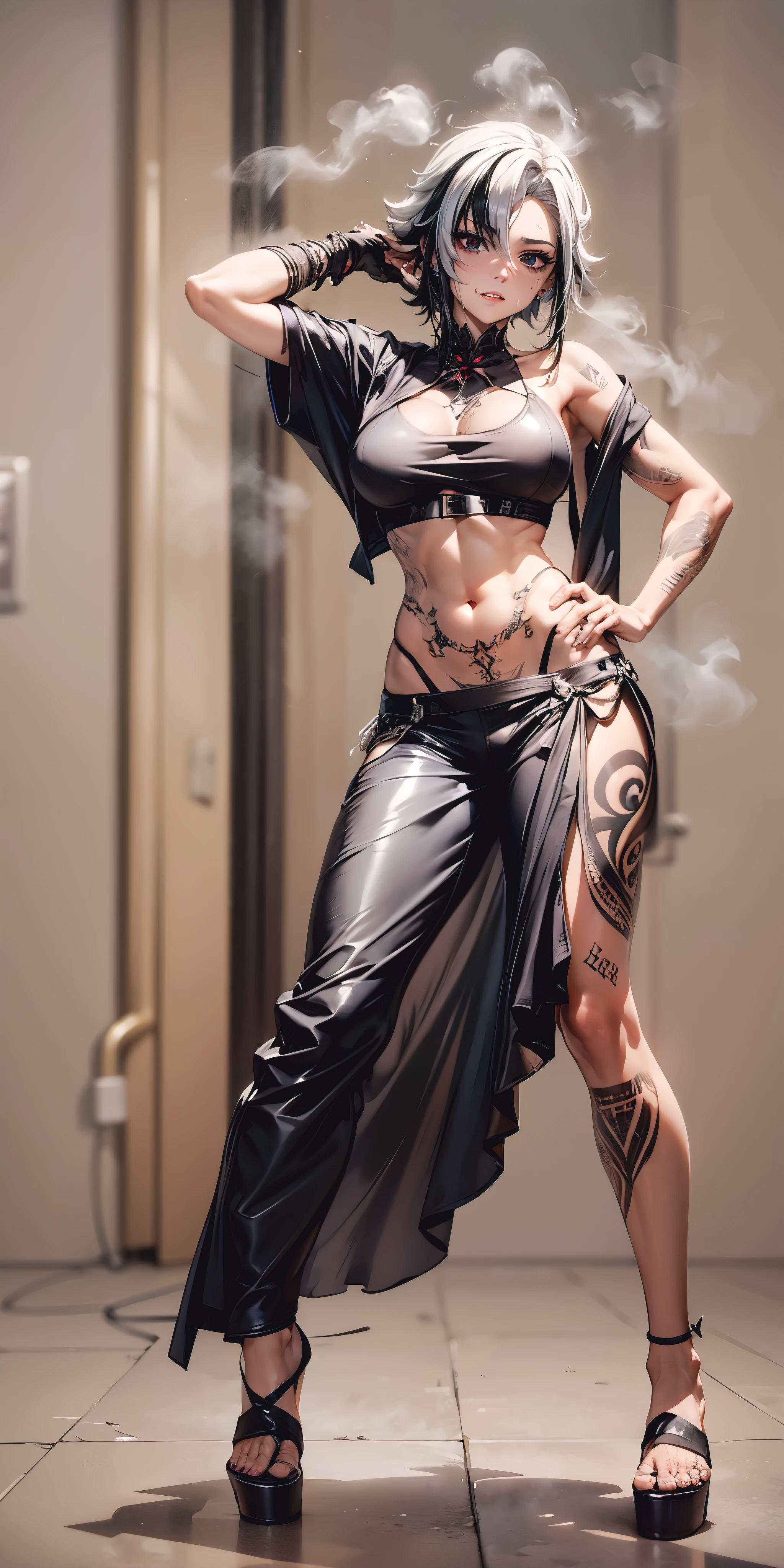 short hair, white hair, black hair, (multicolored hair:1.3), x-shaped pupils, black eyes, anatomically correct, heavy breathing, huge breasts, tattoo, arm_tattoo, pubic_tattoo, shoulder_tattoo, stomach_tattoo, body_writing, 1girl, leg_tattoo, chest_tattoo, solo, back_tattoo, sandals, facial_tattoo, navel, breast_tattoo, standing, full_body_tattoo, hand_on_hip, breasts, midriff, full_body, jewelry, heart_tattoo, yellow_eyes, collarbone, "glow effects, godrays, Hand drawn, render, 8k, octane render, cinema 4d, blender, dark, atmospheric 4k ultra detailed, cinematic, Sharp focus, big depth of field, Masterpiece, colors, 3d octane render, 4k, concept art, trending on artstation, hyperrealistic, Vivid colors, extremely detailed CG unity 8k wallpaper, trending on CGSociety, Intricate, High Detail, dramatic", anime coloring, anime screencap, sweating, steaming body, fog, (shaded face:1.2), hollow eyes, facing viewer, smirk, upper teeth, x-shaped pupils, black eyes, sweating, wet, looking at viewer, glowing eyes,