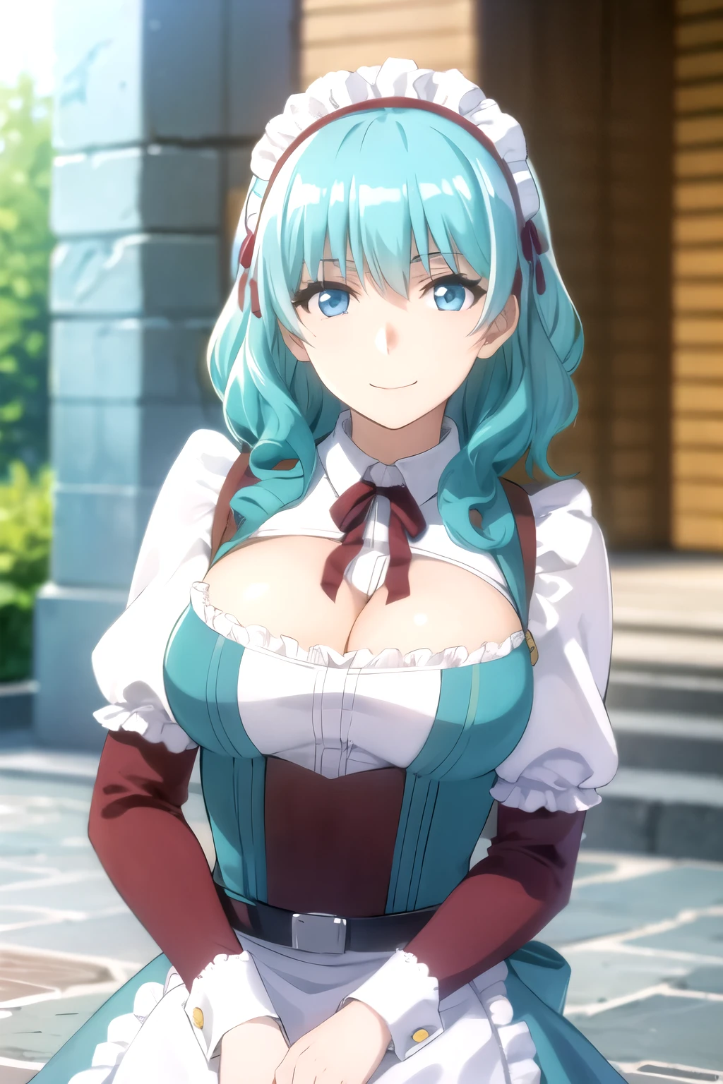 photorealistic, (4k), (upper body), depth of field, (Masterpiece), (realistic skin texture), highly detailed, intricate, highly detailed, (upper body), professional photography, cover-up, bokeh, high resolution, sharp details, best quality, girl, aqua hair, medium hair, blue eyes, white shirt, maid headdress, frills, apron, in the garden, sitting, smile