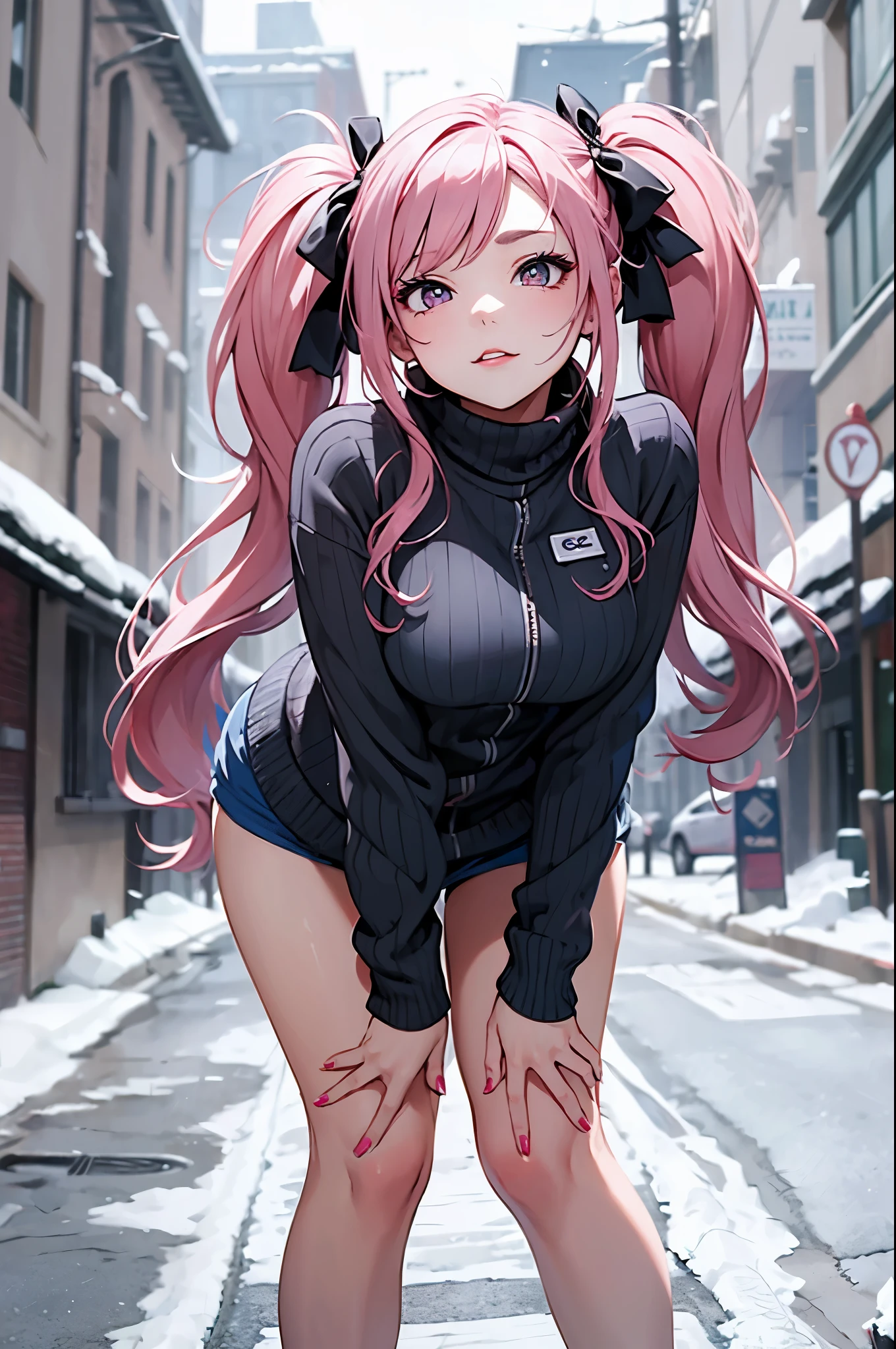 ((masterpiece)), (best quality), (detailed), 1girl, looking at viewer, (lipstick:0.75), leaning forward, long pink hair, twintails, colorful thighighs,