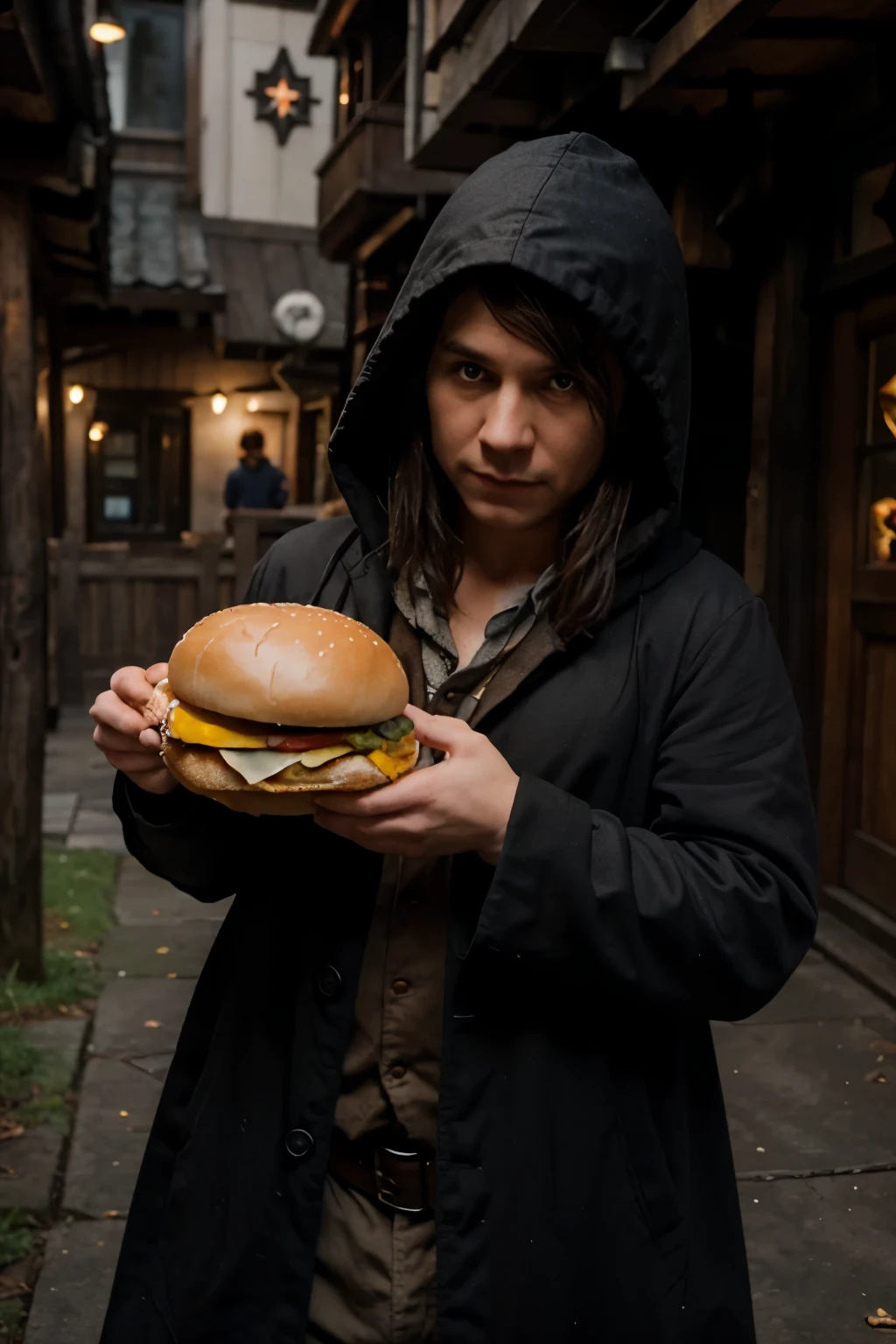 Hobbit in a dark hood stealing a cheeseburger