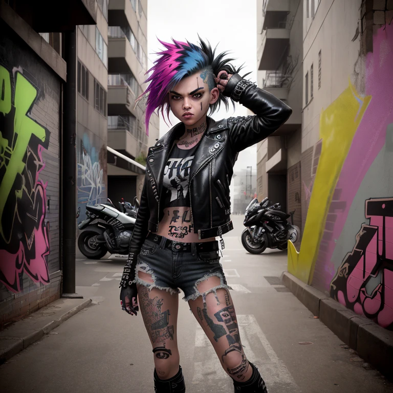 cinematic still,alternative girl,confident expression,dynamic situation,leather jacket,ripped jeans,motorcycle boots,graphic tee,detailed face,colorful hair streaks,tattoos visible,urban environment,graffiti walls,street hustle,action pose,pop culture elements,defiant stance,strong character portrayal,high contrast lighting
