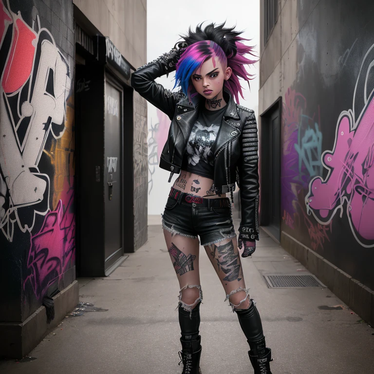 cinematic still,alternative girl,confident expression,dynamic situation,leather jacket,ripped jeans,motorcycle boots,graphic tee,detailed face,colorful hair streaks,tattoos visible,urban environment,graffiti walls,street hustle,action pose,pop culture elements,defiant stance,strong character portrayal,high contrast lighting